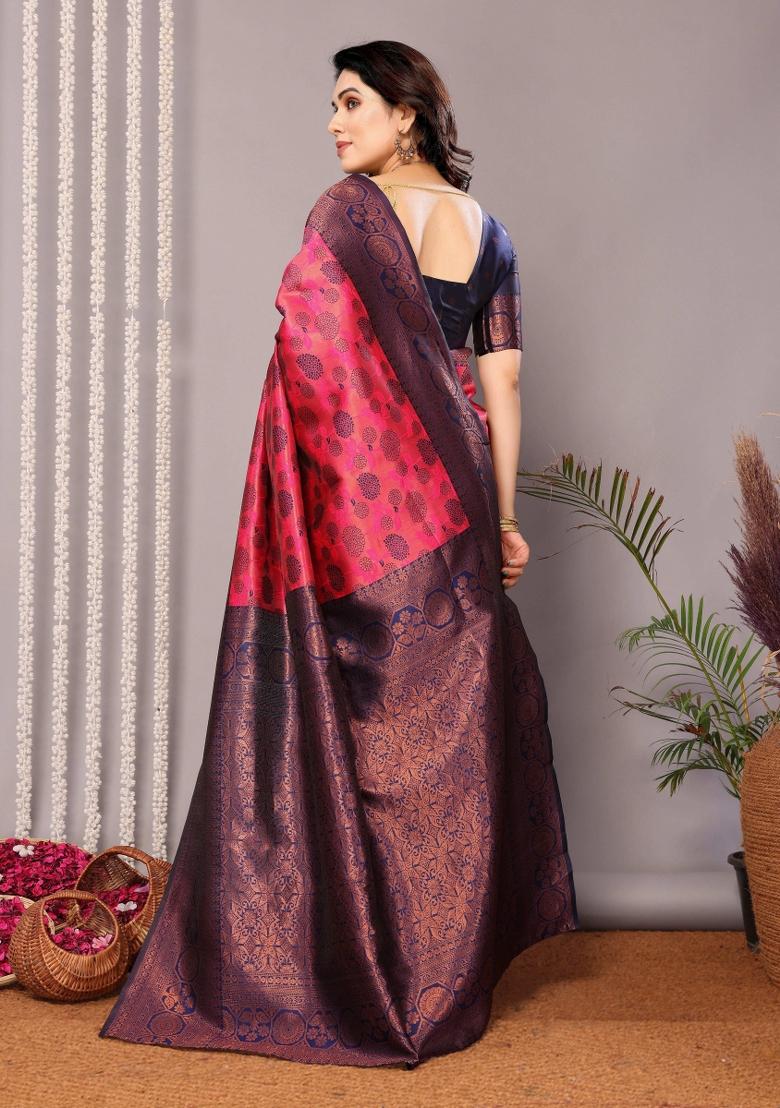 Pink And Dark Blue Woven Silk Sarees - Indya