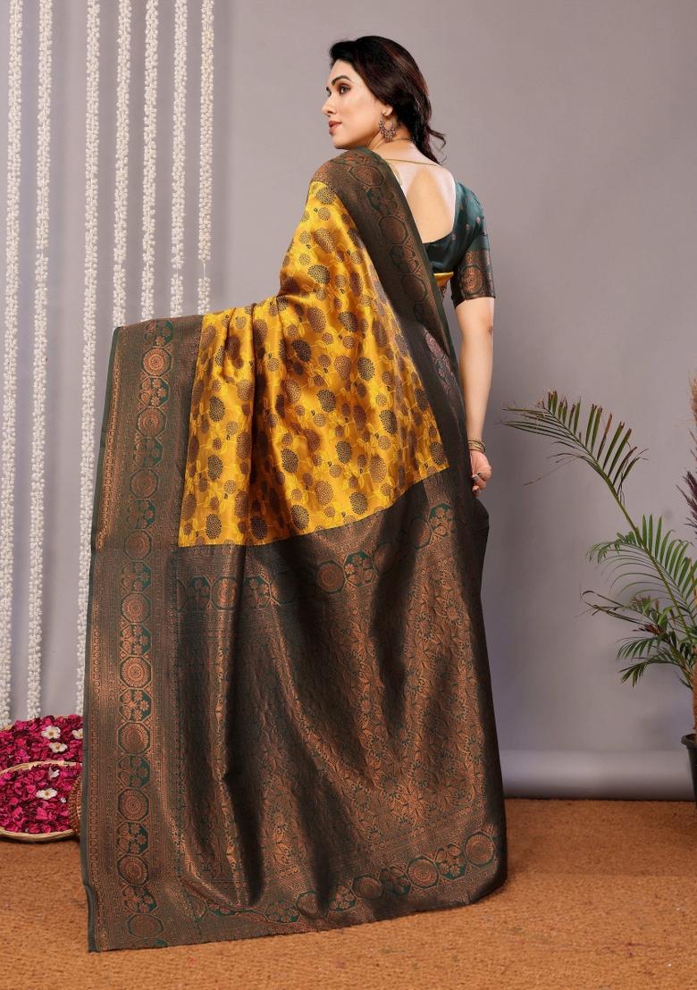 Yellow And Green Woven Silk Sarees - Indya