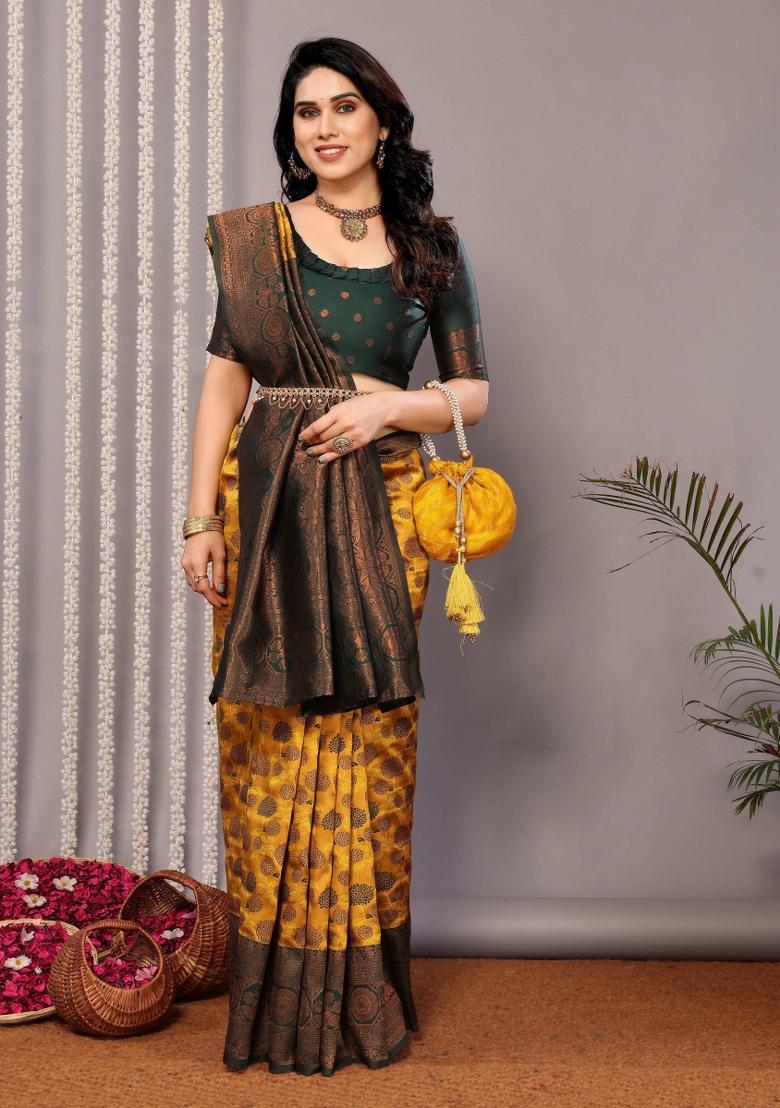 Yellow And Green Woven Silk Sarees - Indya