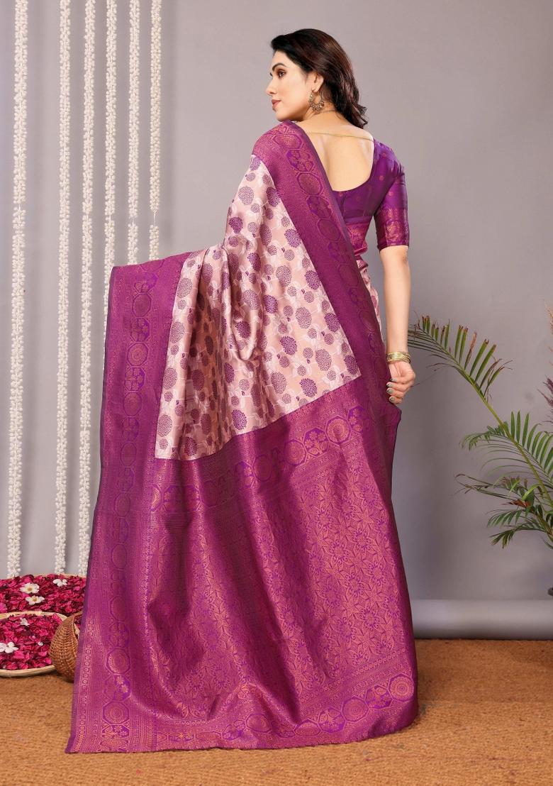 Pink And Purple Woven Silk Sarees - Indya