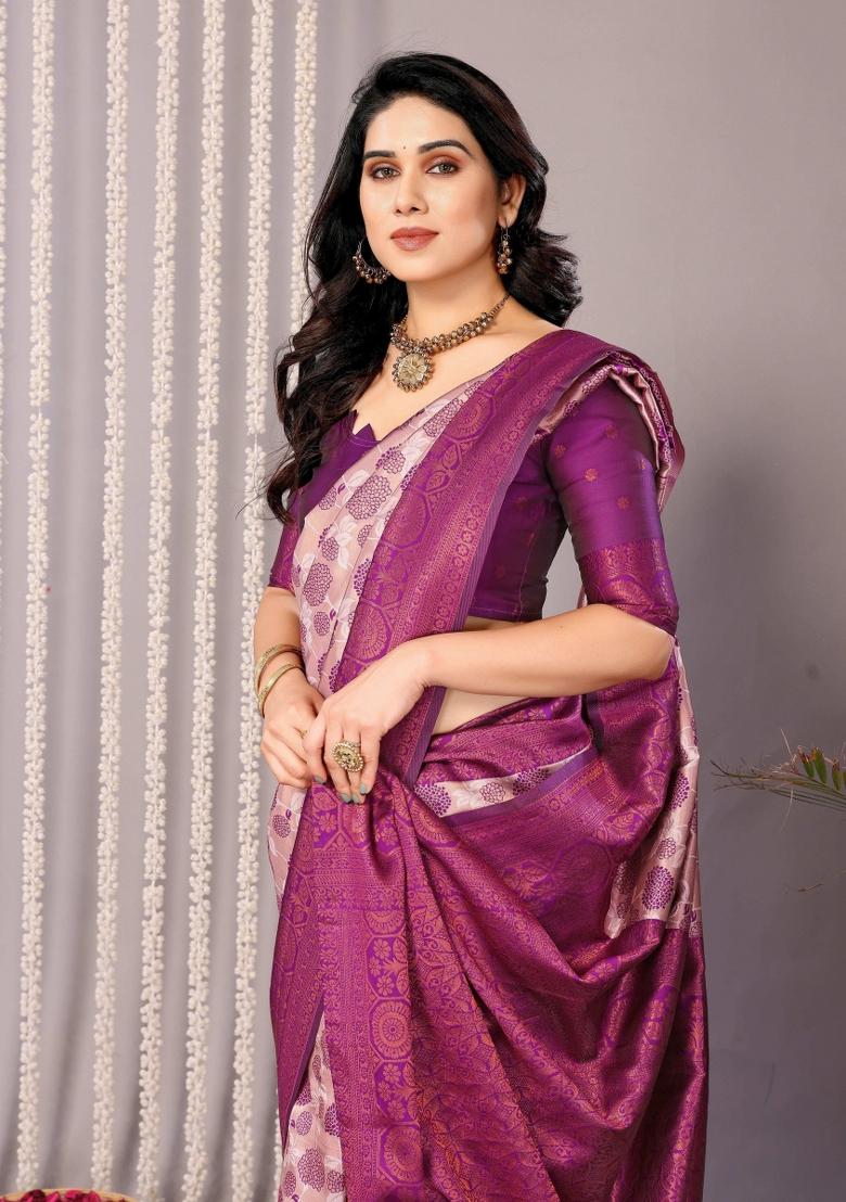 Pink And Purple Woven Silk Sarees - Indya