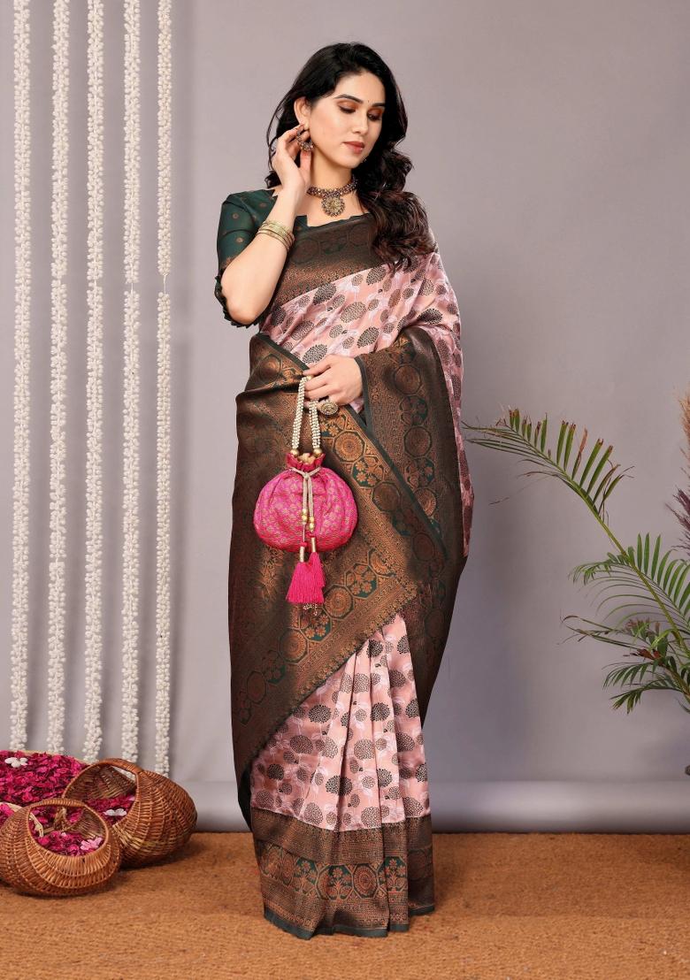 Pink And Green Woven Silk Sarees - Indya