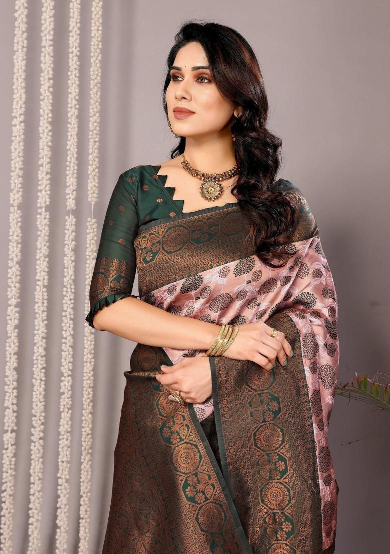 Pink And Green Woven Silk Sarees - Indya