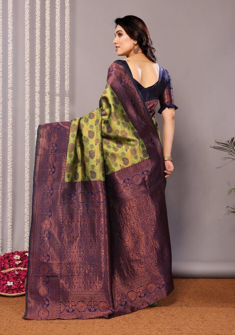 Light Green And Dark Blue Woven Silk Sarees - Indya