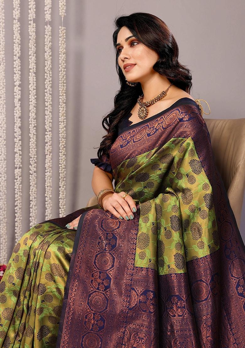 Light Green And Dark Blue Woven Silk Sarees - Indya