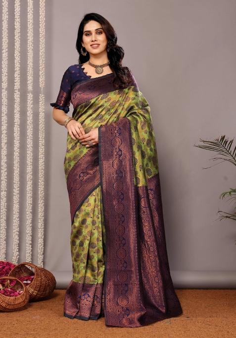 Light Green And Dark Blue Woven Silk Sarees