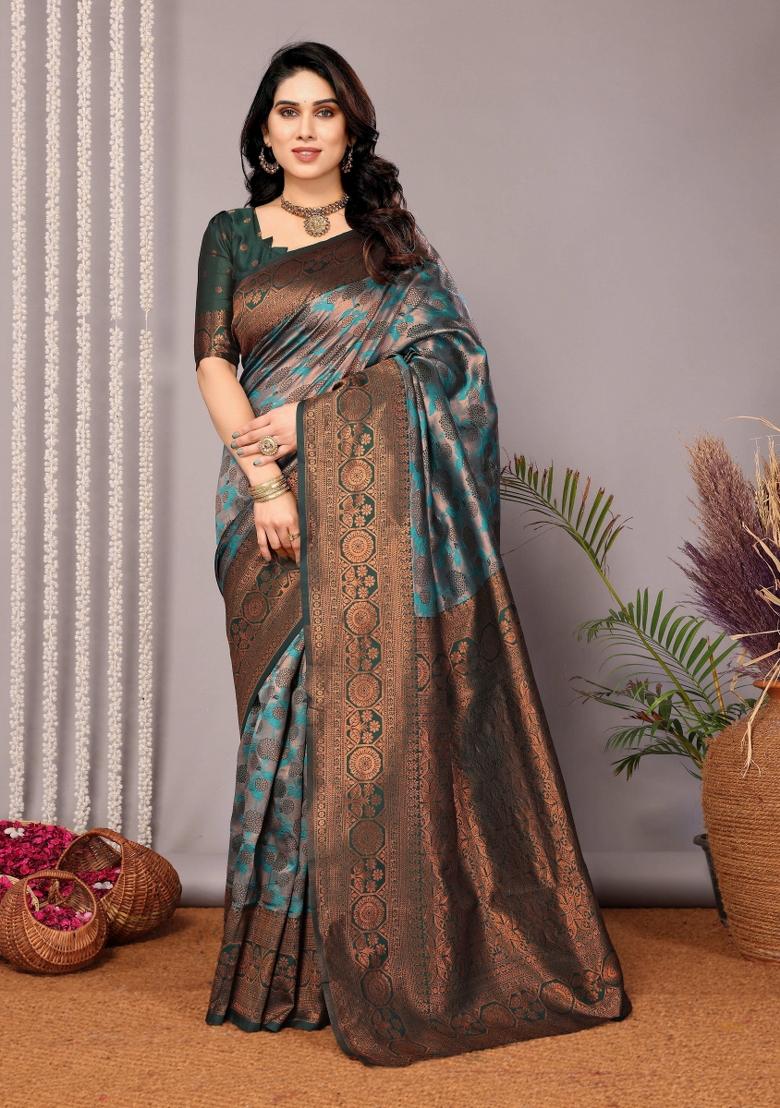Light Blue And Green Woven Silk Sarees - Indya