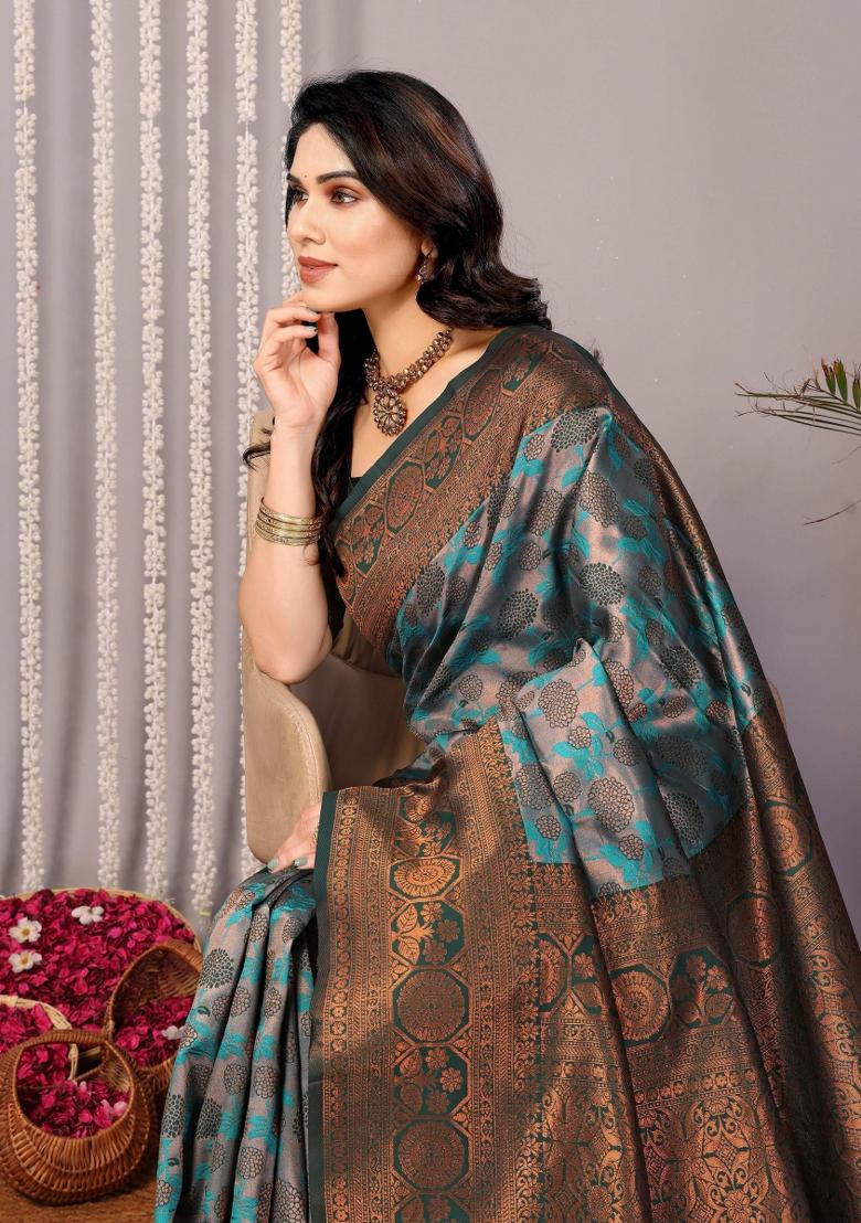 Light Blue And Green Woven Silk Sarees - Indya