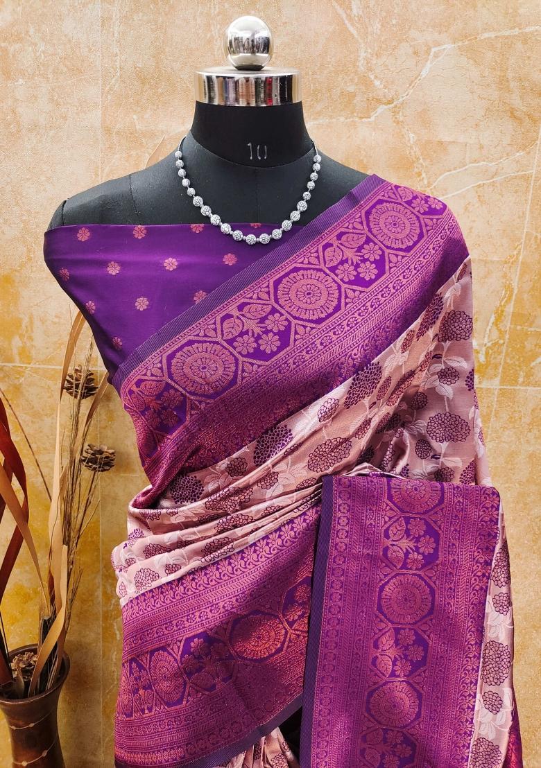 Pink And Purple Woven Silk Sarees - Indya
