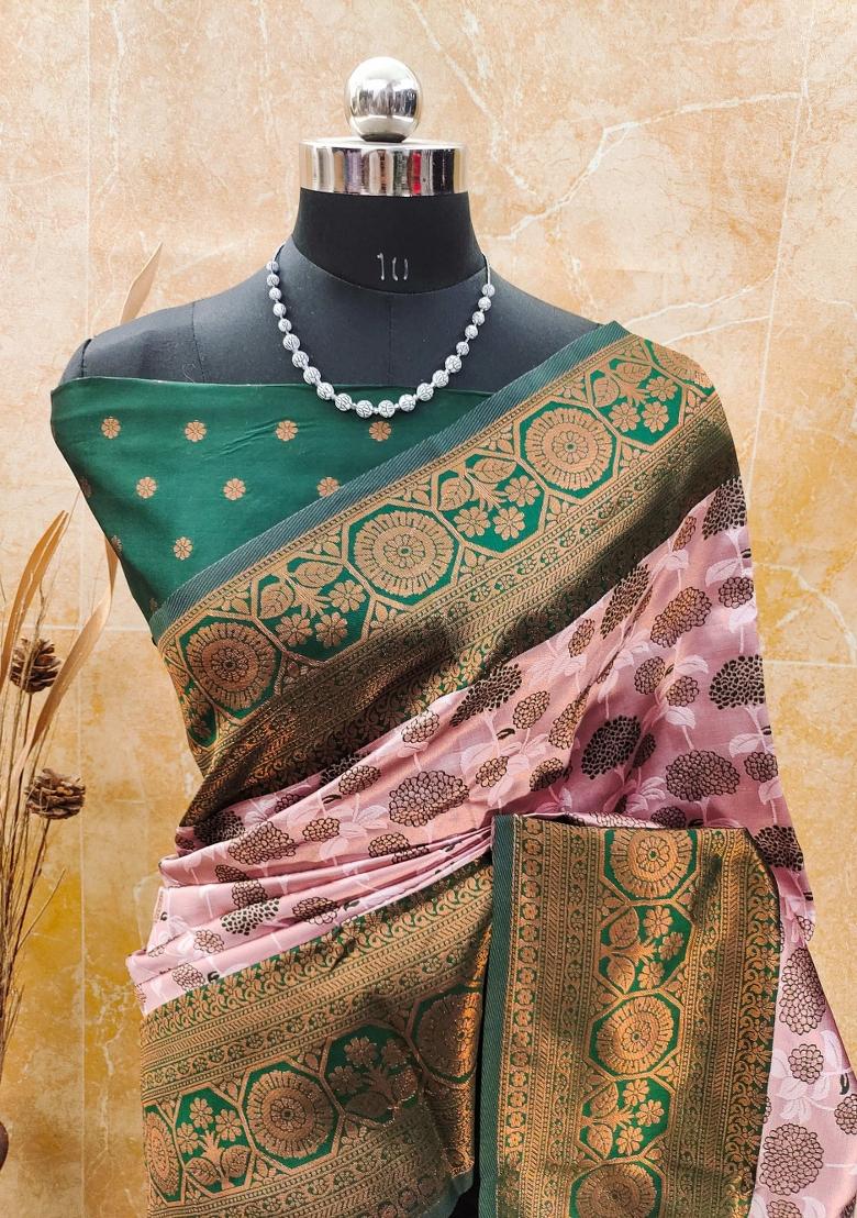 Pink And Green Woven Silk Sarees - Indya
