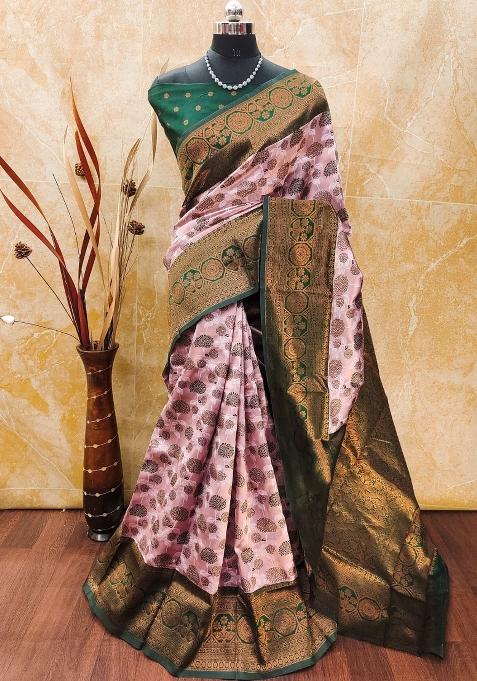 Pink And Green Woven Silk Sarees