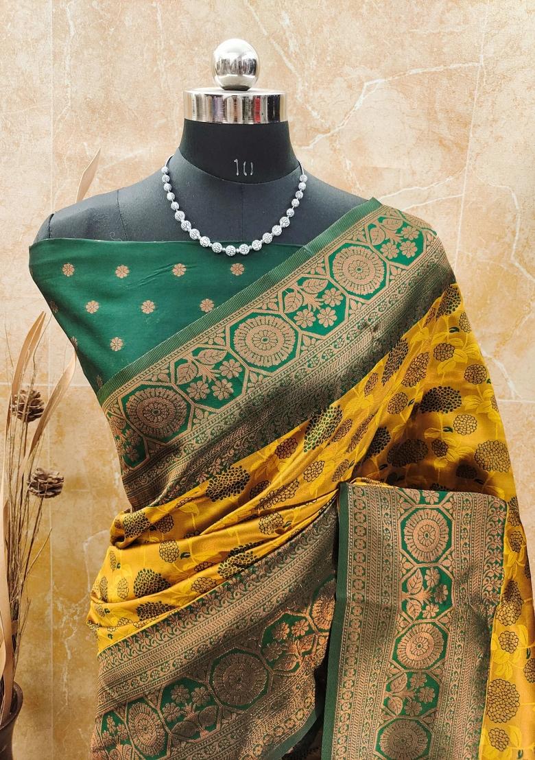 Yellow And Green Woven Silk Sarees - Indya