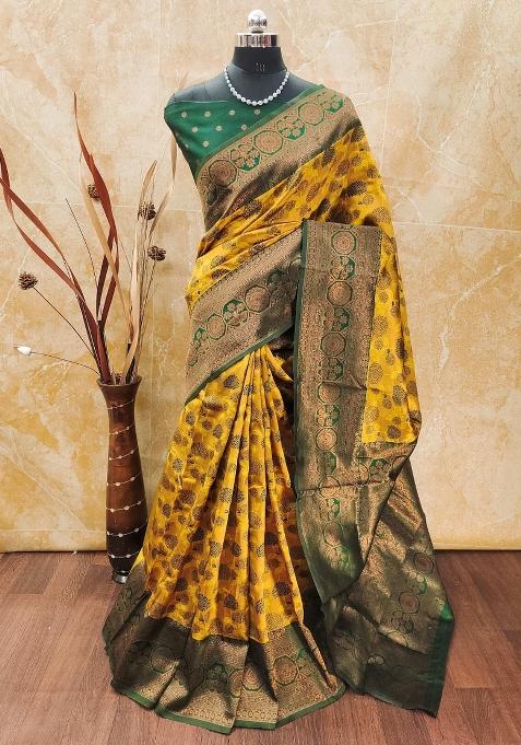 Yellow And Green Woven Silk Sarees