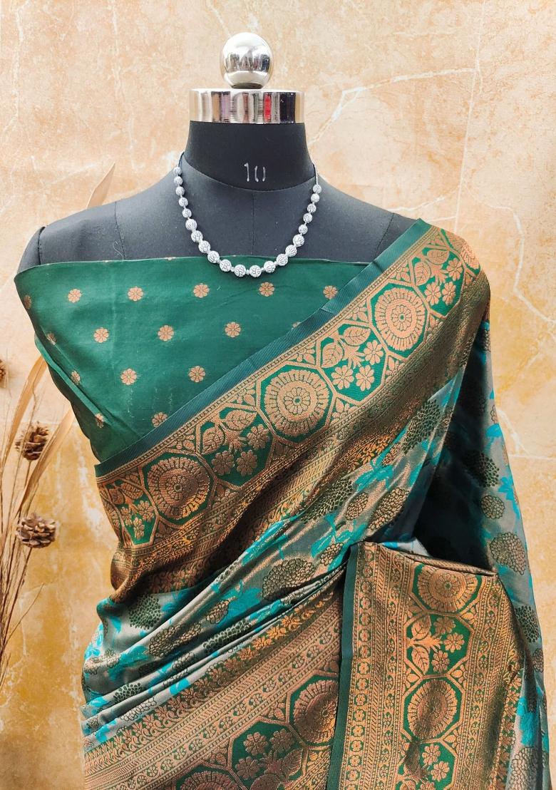 Light Blue And Green Woven Silk Sarees - Indya