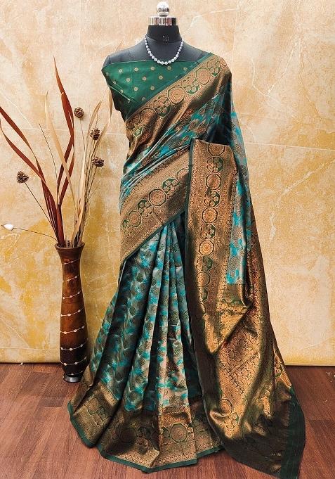 Light Blue And Green Woven Silk Sarees