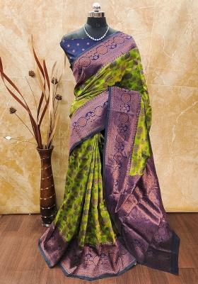 Light Green And Dark Blue Woven Silk Sarees