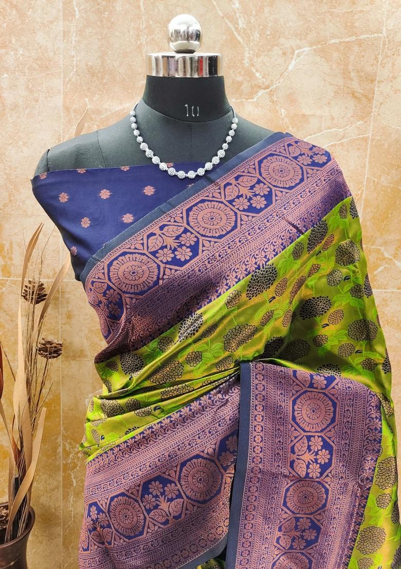 Light Green And Dark Blue Woven Silk Sarees - Indya