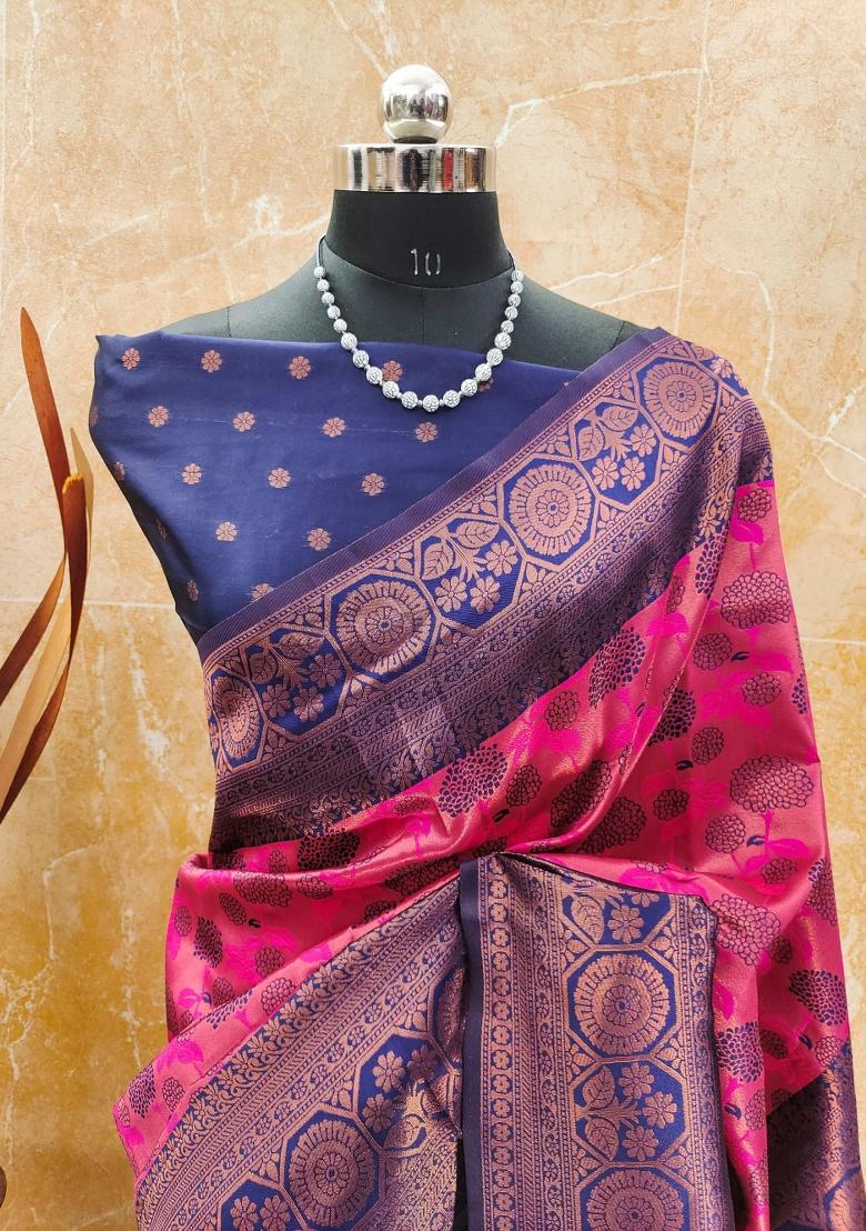 Pink And Blue Woven Silk Sarees - Indya