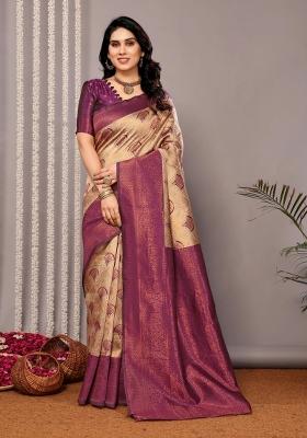 Cream And Purple Woven Silk Sarees