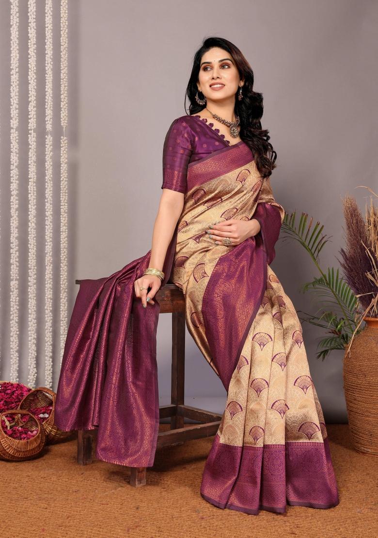 Cream And Purple Woven Silk Sarees - Indya