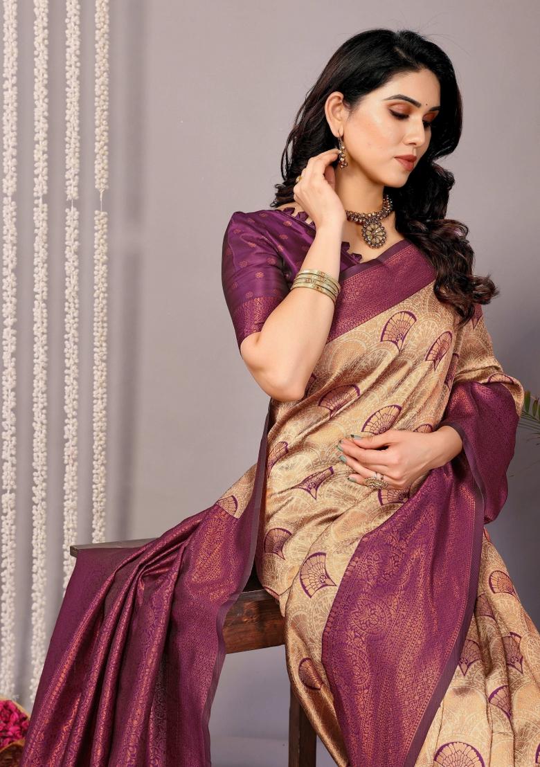 Cream And Purple Woven Silk Sarees - Indya