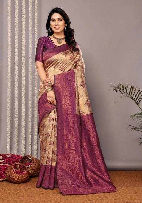 Cream And Purple Woven Silk Sarees