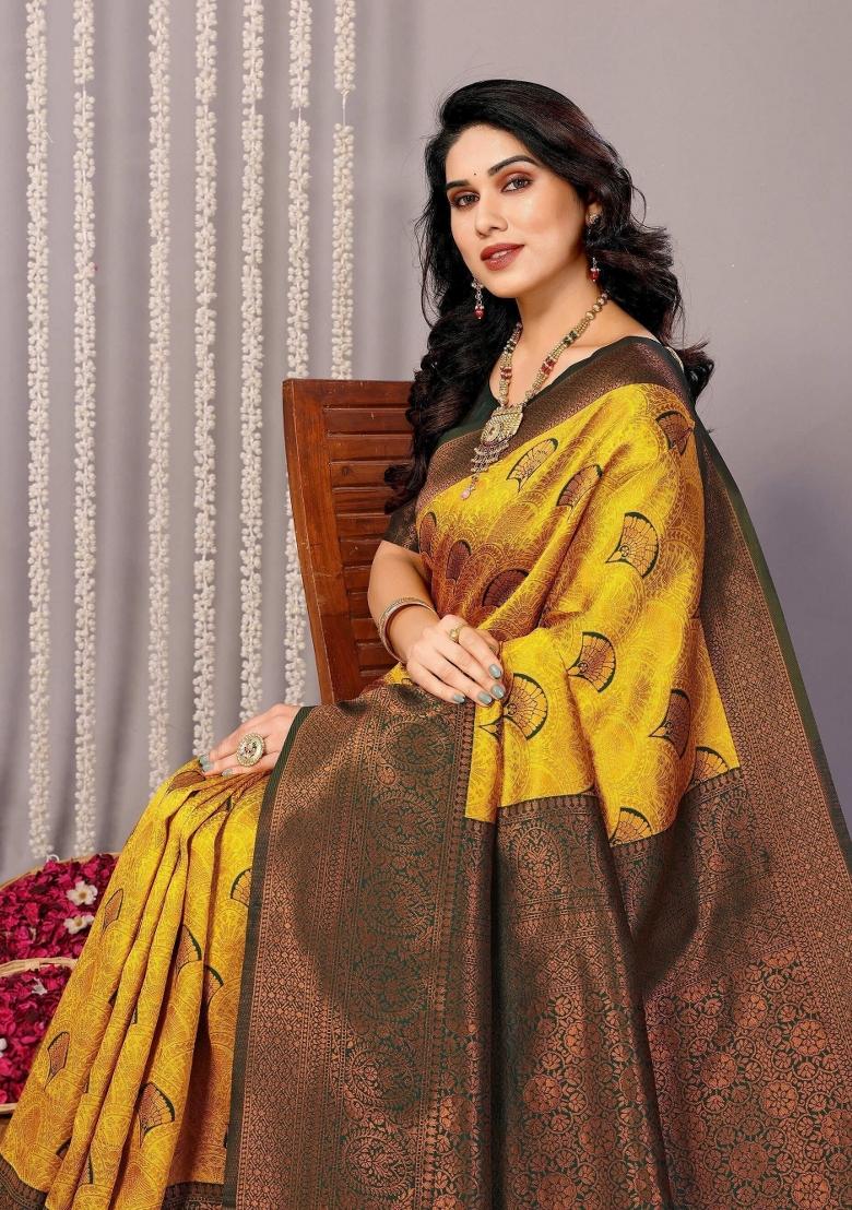 Yellow And Green Woven Silk Sarees - Indya