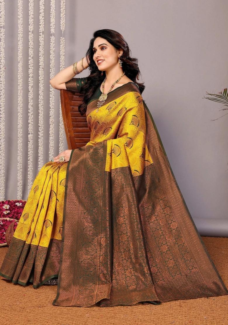 Yellow And Green Woven Silk Sarees - Indya