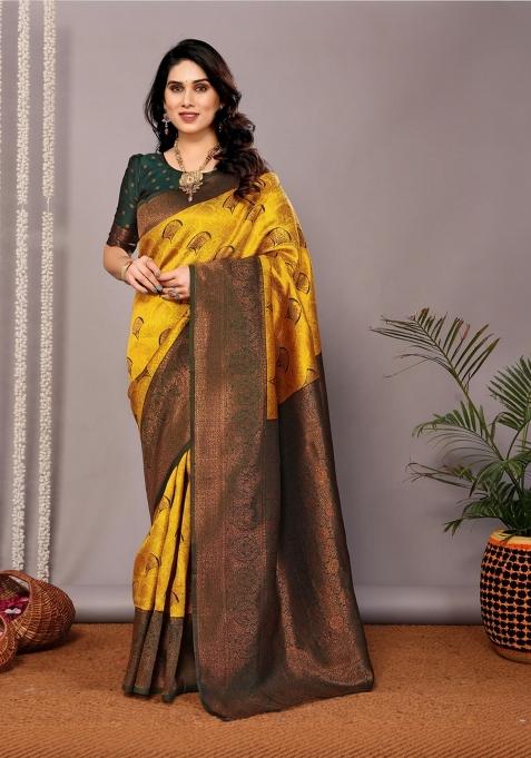 Yellow And Green Woven Silk Sarees
