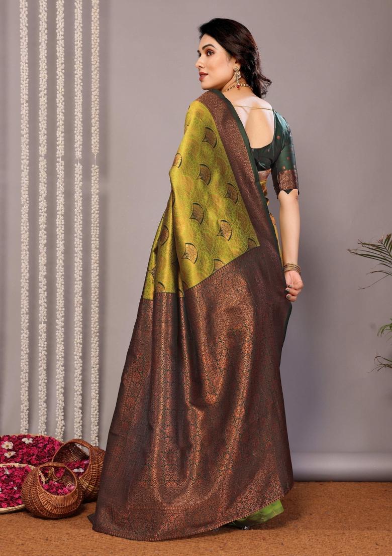 Light Green And Green Woven Silk Sarees - Indya