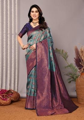 Light Blue And Dark Blue Woven Silk Sarees
