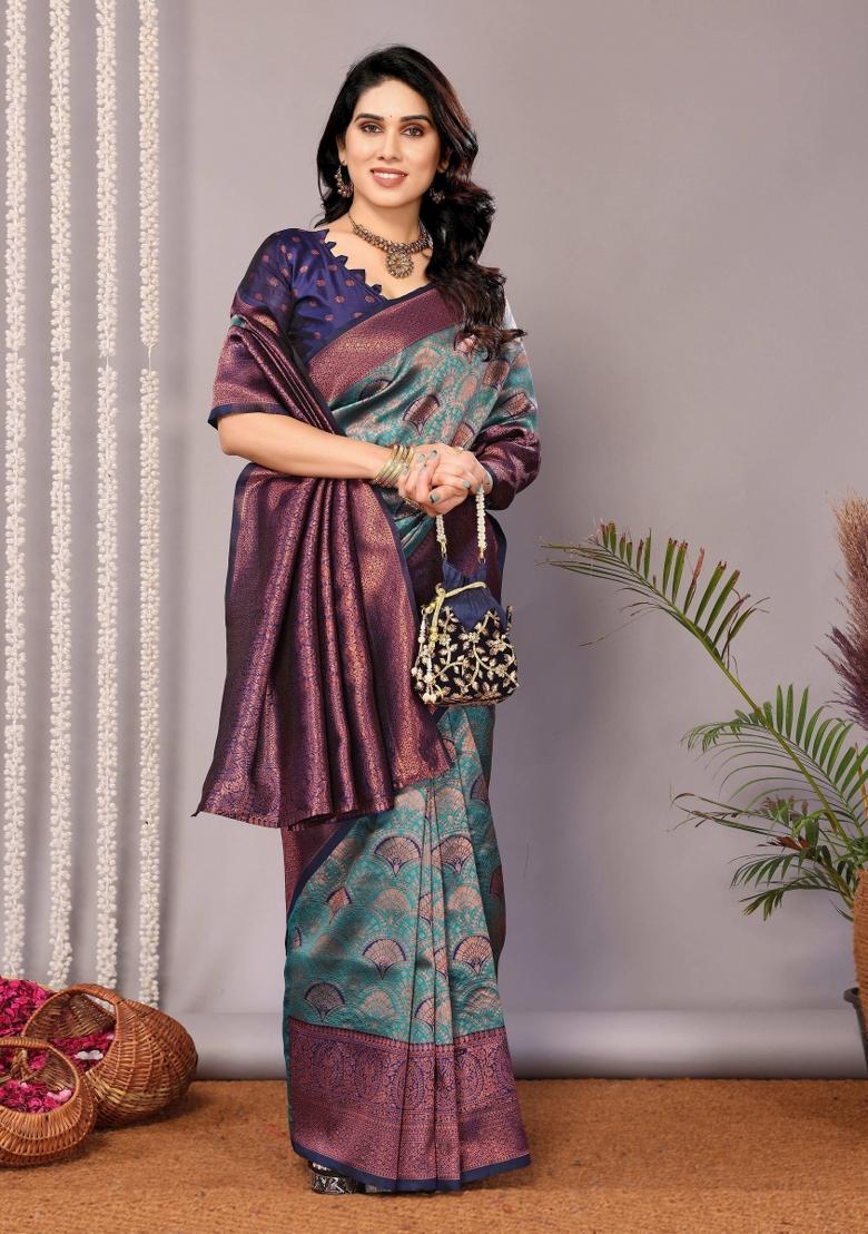 Light Blue And Dark Blue Woven Silk Sarees - Indya