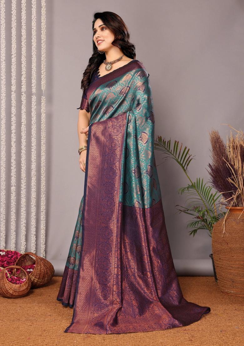 Light Blue And Dark Blue Woven Silk Sarees - Indya