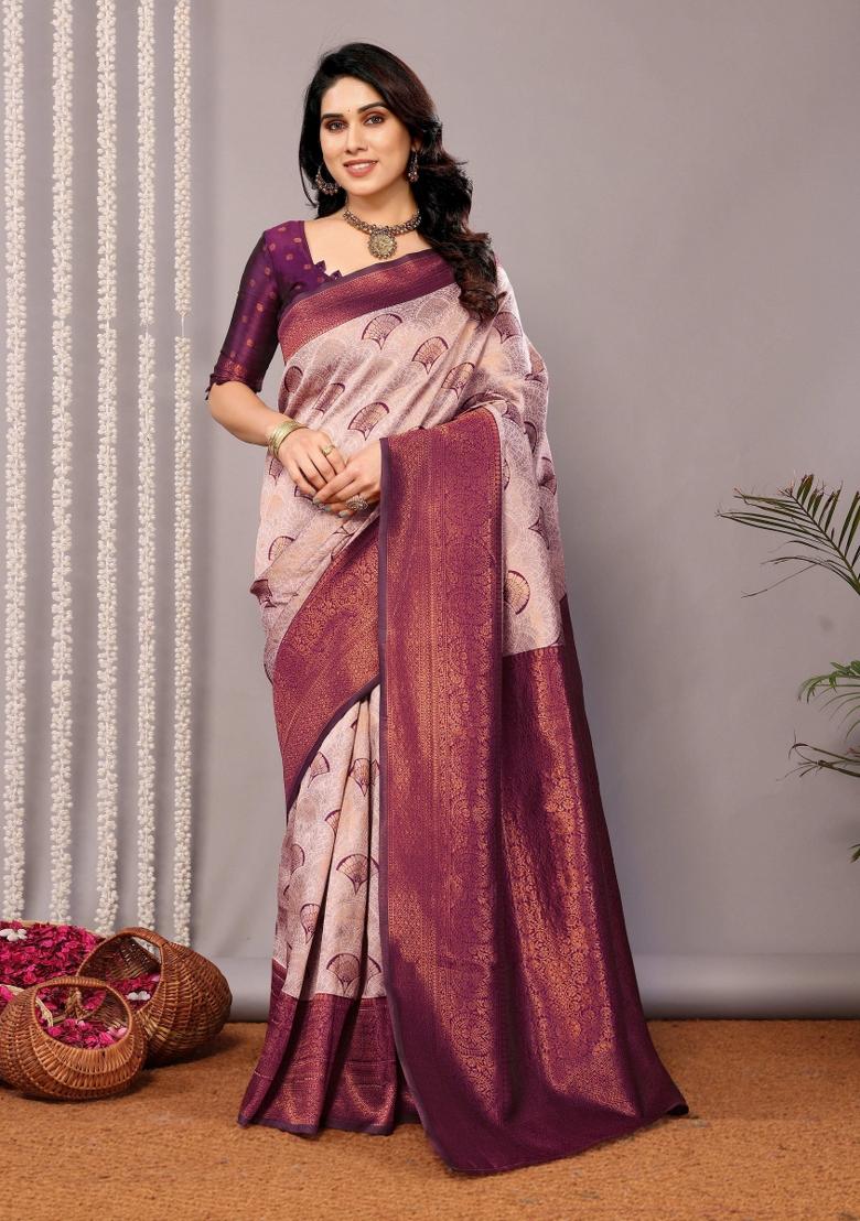 Purple Woven Silk Sarees - Indya