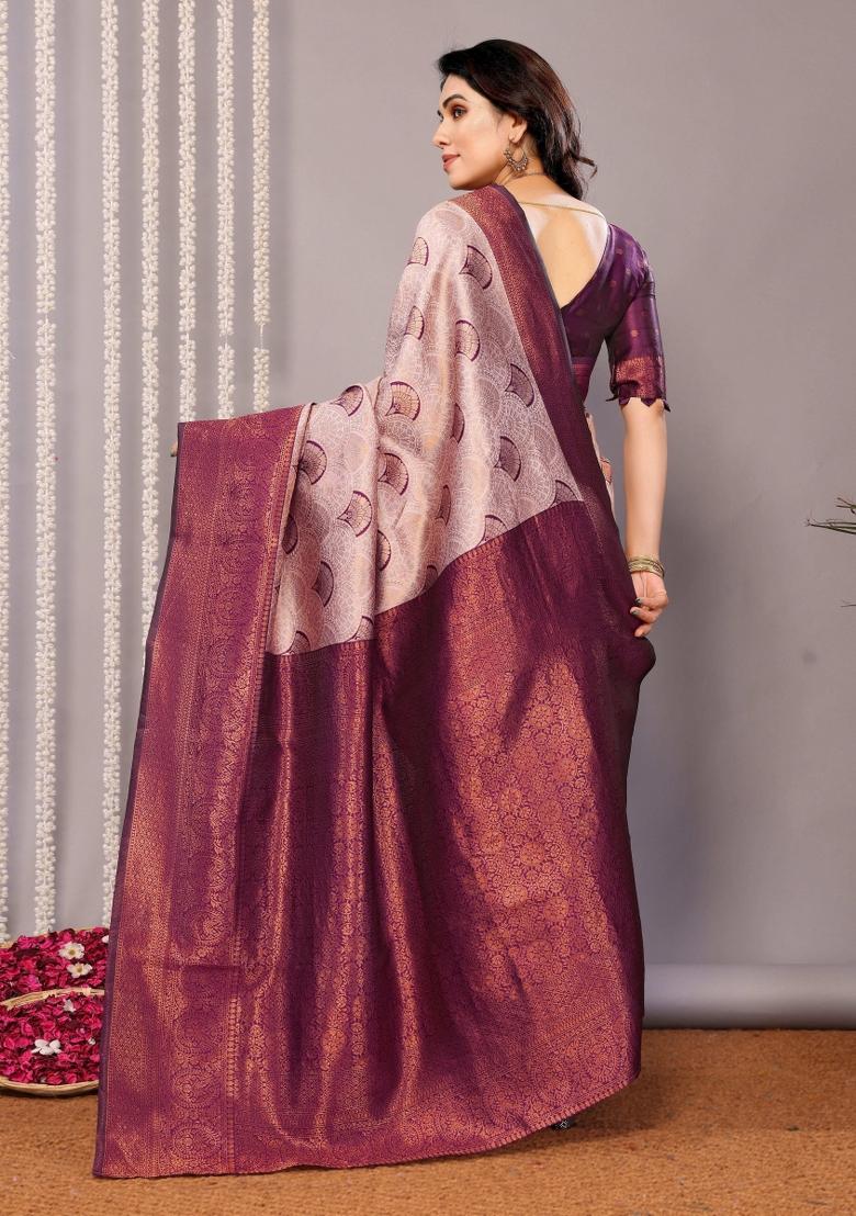 Purple Woven Silk Sarees - Indya