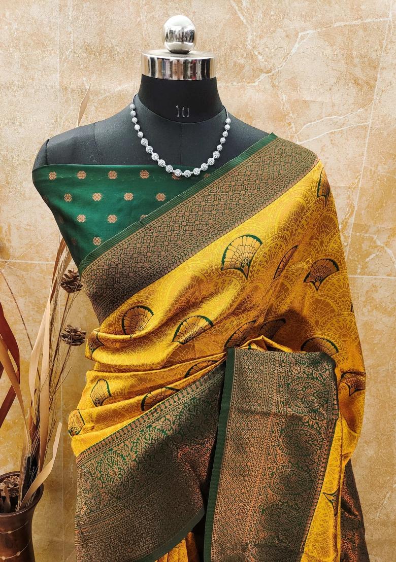 Yellow And Green Woven Silk Sarees - Indya