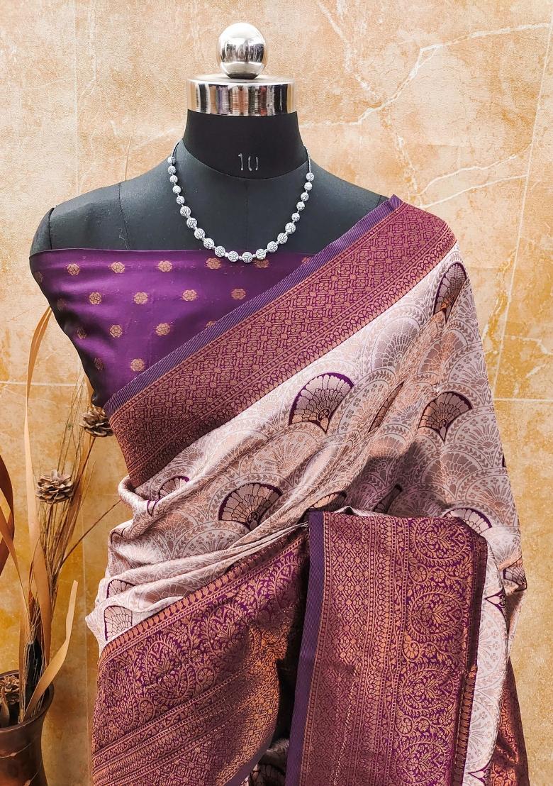 Purple And Green Woven Silk Sarees - Indya