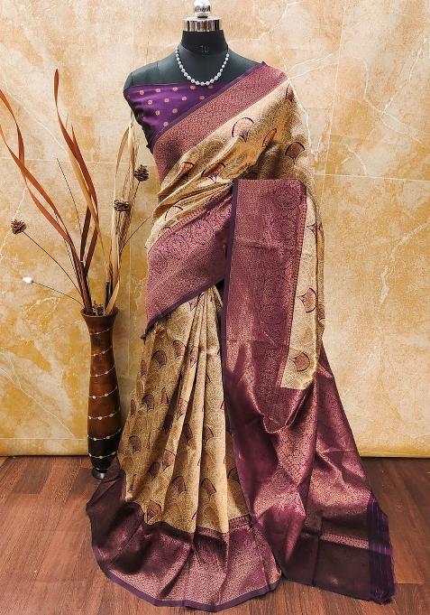 Purple And Beige Woven Silk Sarees