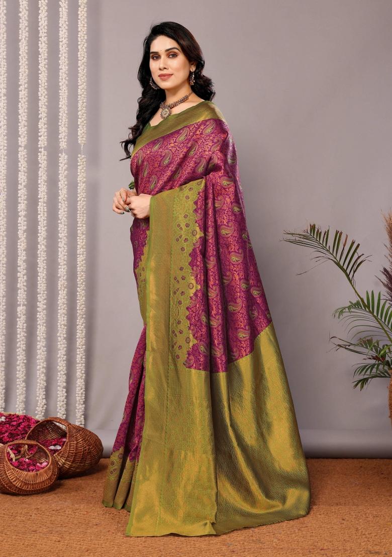 Purple And Light Green Woven Silk Sarees - Indya