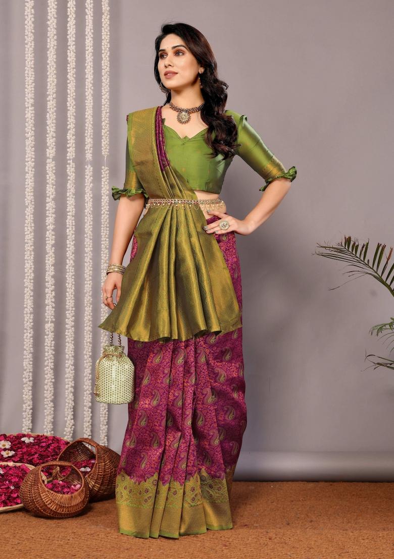 Purple And Light Green Woven Silk Sarees - Indya