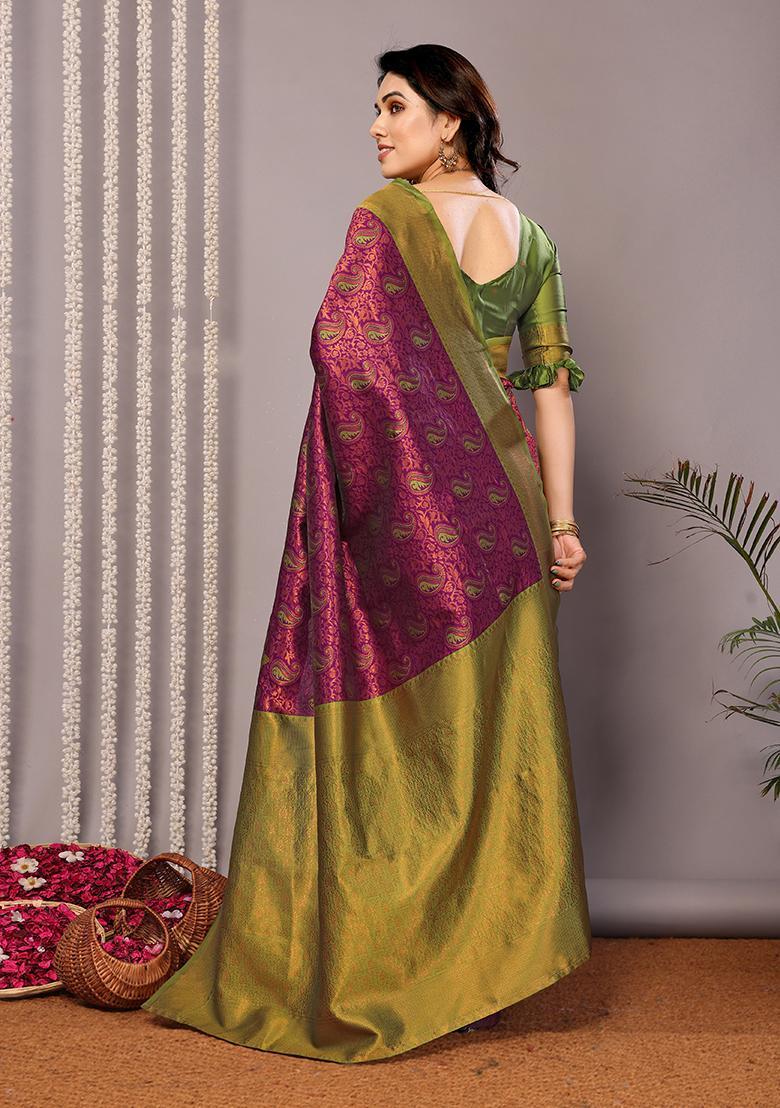 Purple And Light Green Woven Silk Sarees - Indya