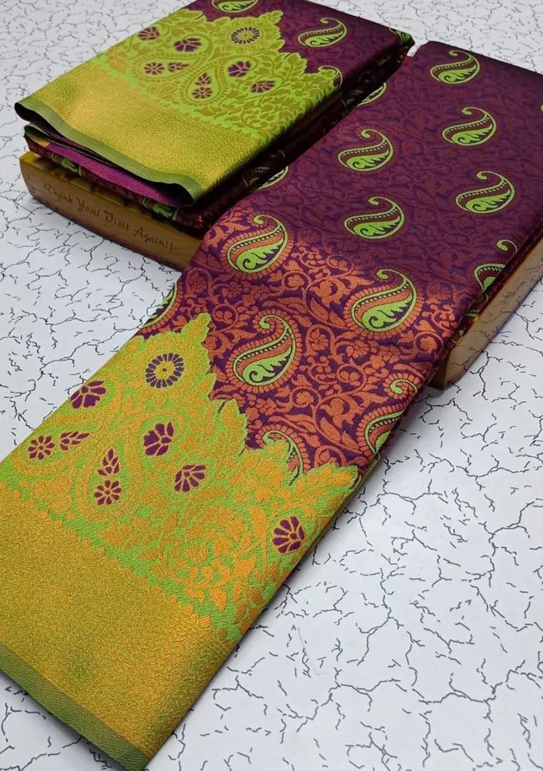 Purple And Light Green Woven Silk Sarees - Indya