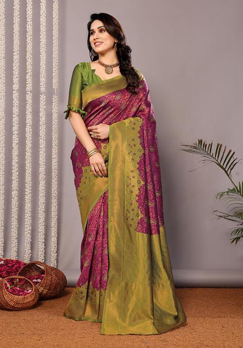 Purple And Light Green Woven Silk Sarees
