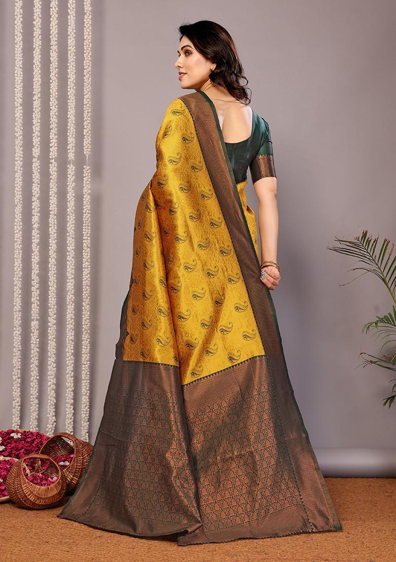 Yellow And Green Woven Silk Sarees - Indya