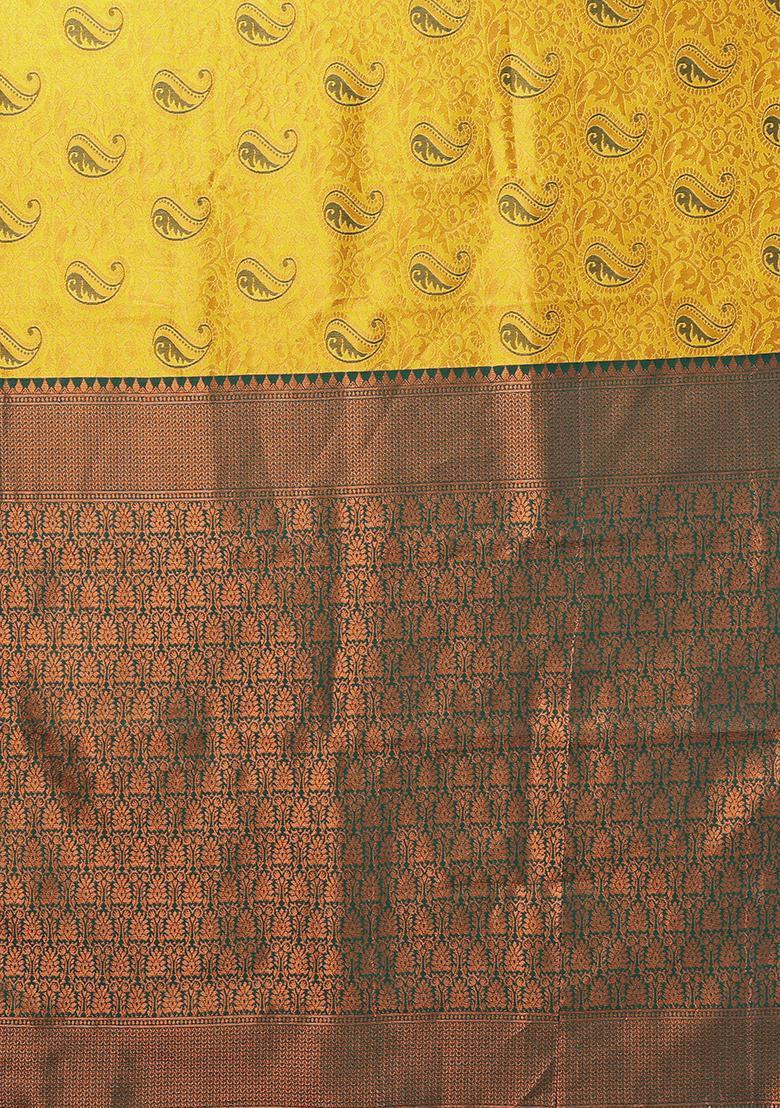 Yellow And Green Woven Silk Sarees - Indya