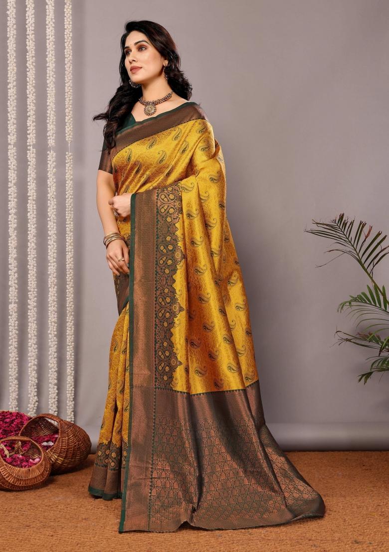 Yellow And Green Woven Silk Sarees - Indya
