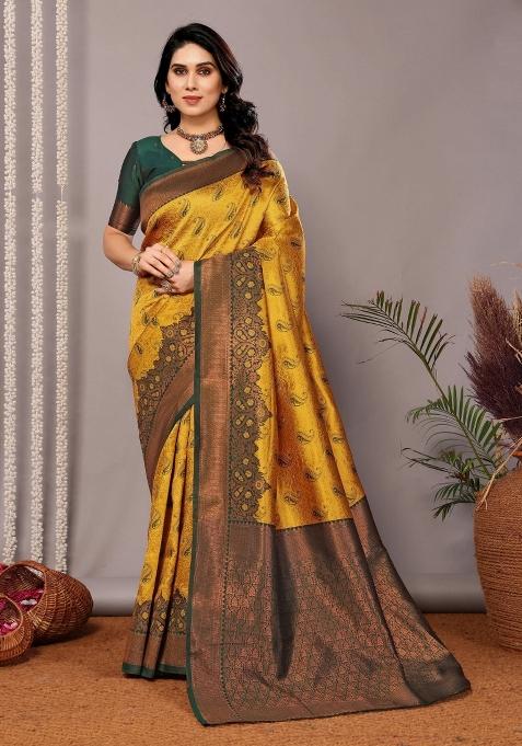 Yellow And Green Woven Silk Sarees