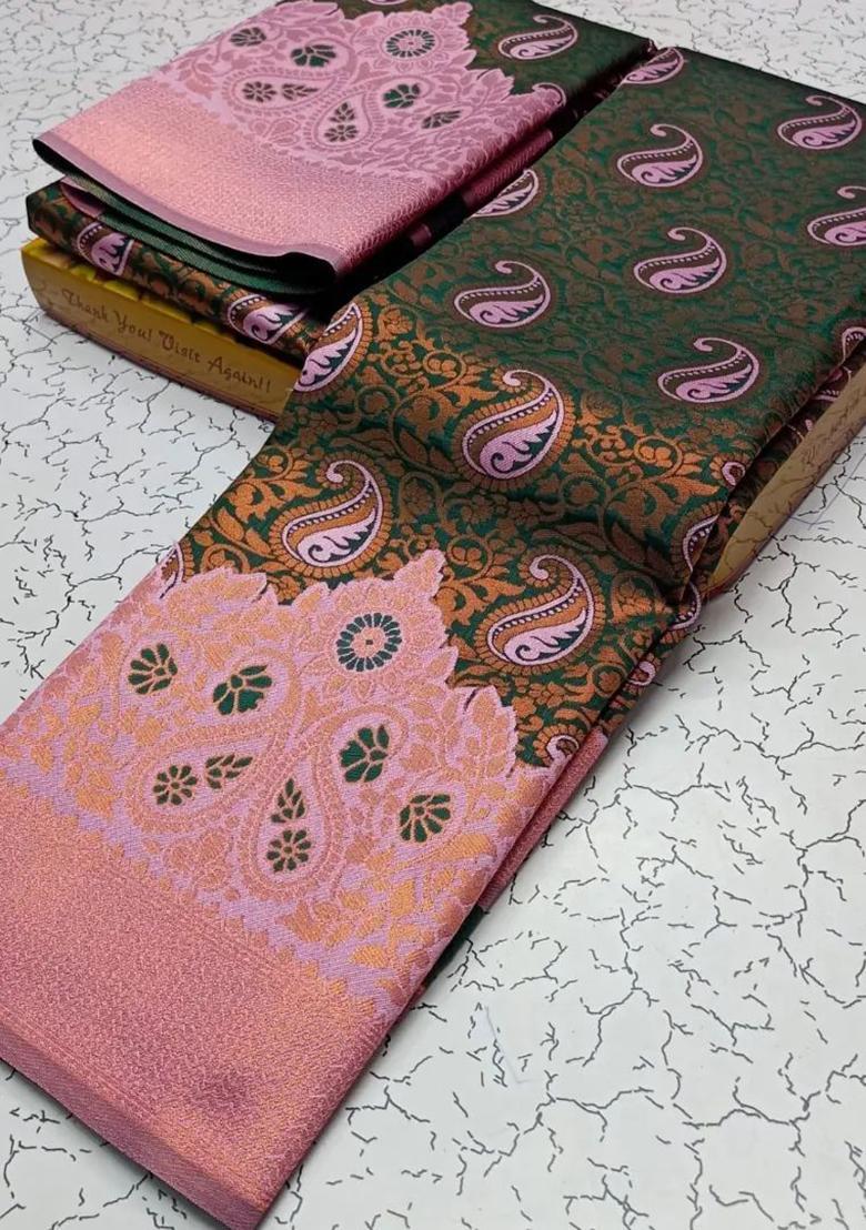 Green And Pink Woven Silk Sarees - Indya