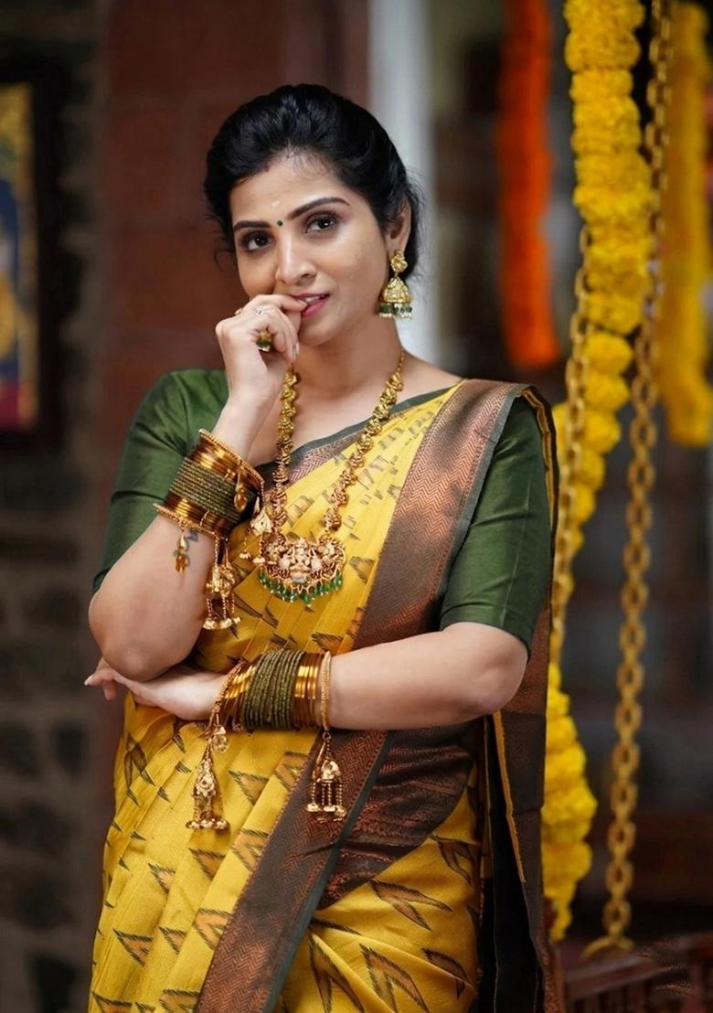 Yellow And Green Woven Silk Sarees - Indya