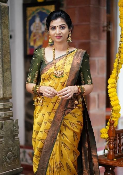 Yellow And Green Woven Silk Sarees